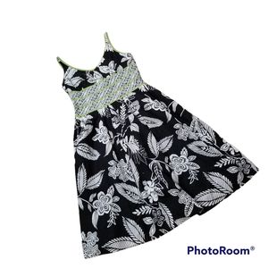 VTG Bethany Cotton Black White Green Tropical Print Lined Midi Dress Women's 6